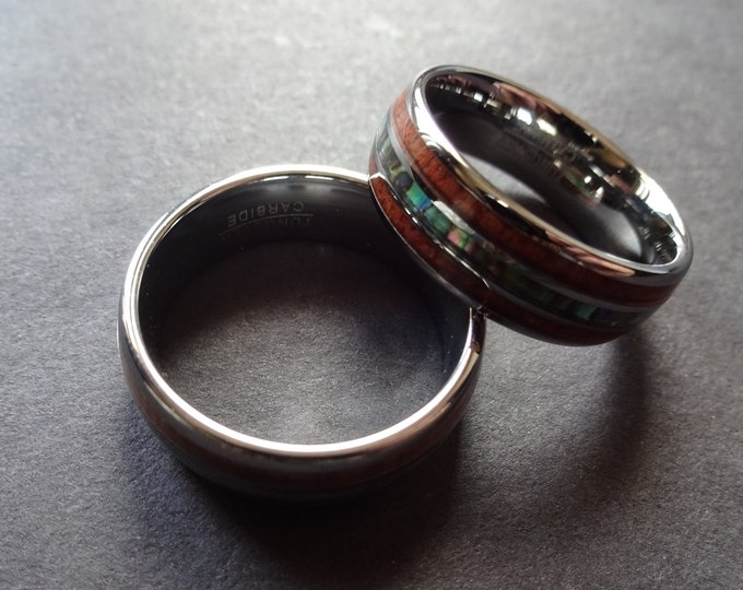 Silver Tungsten with Shell and Wood Inlays, Silver Tungsten Ring, Tungsten Carbride Ring, 8mm Tungsten Metal Ring, Mens Ring, Free Box