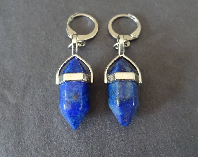 Natural Lapis Lazuli & Stainless Steel Bullet Hoop Earrings, Hypoallergenic, Dangle Earring, Set Of Earrings, Blue Lapis Gemstone Earrings