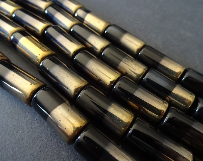 13 Inch Strand Of 20mm Half Electroplated Glass Column Beads, Black & Gold Tube Beads, About 17 Column Beads, LIMITED SUPPLY, Hot Deal!