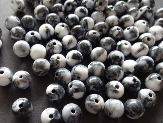 10mm Acrylic Black Marble Ball Beads, Swirled Marbled Pattern, 2mm Holes,  Round Spacer, Fun Jewelry Making, Classic Black and White 