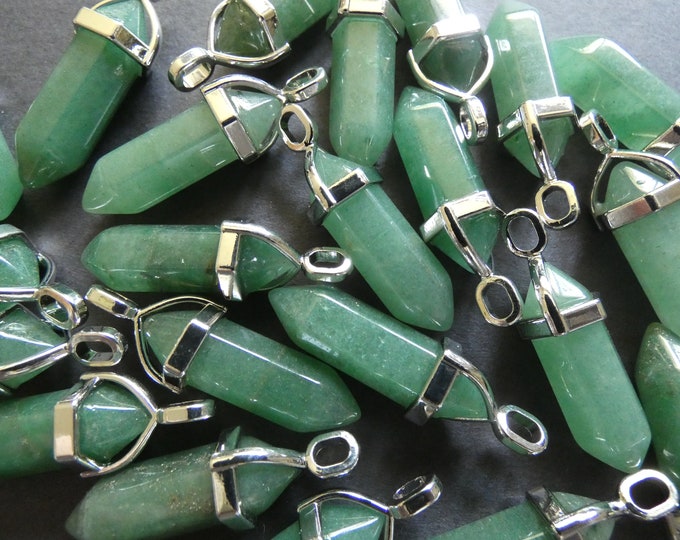 36-40mm Natural Green Aventurine Pendant With Brass, Faceted, Bullet Shaped, Polished Gem, Gemstone Jewelry Pendant, Green and Silver Metal
