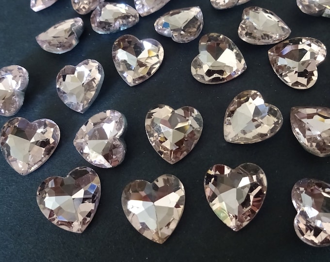 10 PACK of 14mm Faceted Glass Rhinestone Heart Cabochon, Heart Rhinestone Cab, Light Pink Rhinestone, Pointed Back, Back Plated, Heart Cab