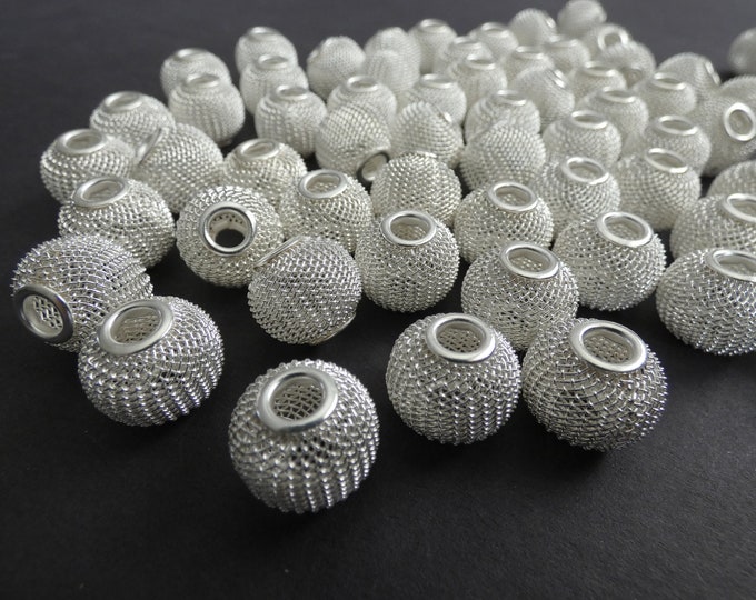 16x14mm Iron Mesh Beads, Metal Rondelle Beads, Silver Color, Large 5mm Hole, Necklace Focal Wire Beads, Cage Bead, Lightweight, Round