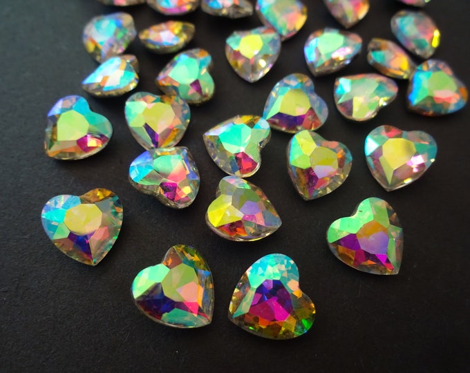 10 PACK of 10mm Faceted Rhinestone Heart Cabochons, Rainbow Rhinestone Cabochon, Faceted Rhinestone, Back Plated, Undrilled, Multicolor