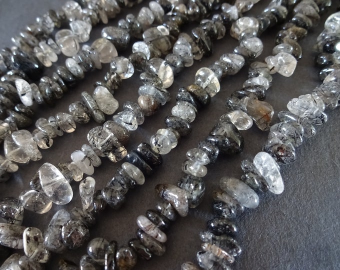 15-16 Inch 4-14mm Natural Rutilated Quartz Bead Strand, About 150 Beads, Shiny Natural Stone, Clear & Black Quartz Crystal, Polished