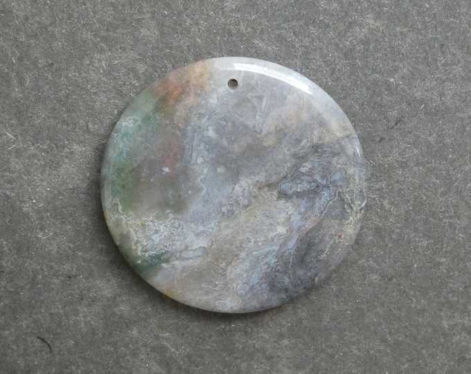 50x7.5mm Natural Indian Agate Pendant, Gemstone Pendant, Green & Gray, Large Round Pendant,One of a Kind, Only One Available, Polished Stone