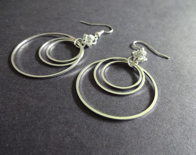 Dangle Brass Earrings, Silver Color, 3 Ring Design, Metal Fish Hook, Women's Fashion Earrings, For Pierced Ears, Three Hoops Design, 60mm