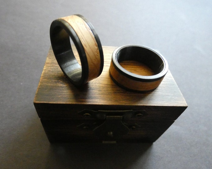 Black Tungsten with Wood Inlay, Whiskey Barrel Wood Inlay, Brushed Tungsten Carbride Ring, 8mm Tungsten Metal Ring, Mens Ring, Free Box