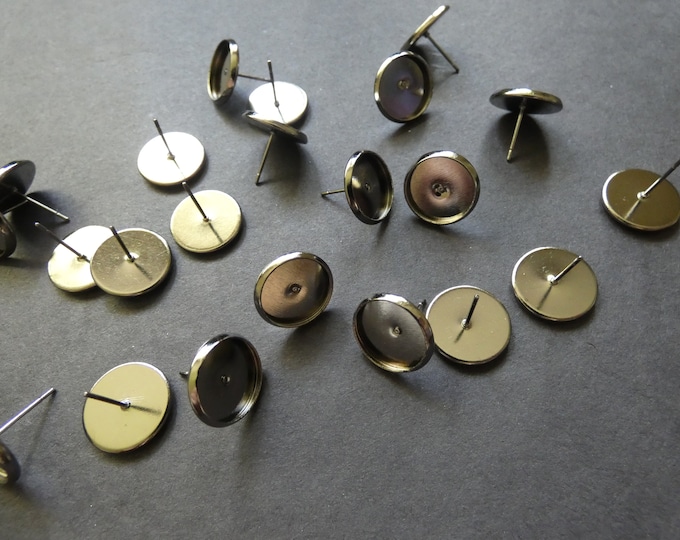 12mm Brass Cabochon Setting Earrings, Gunmetal Color, Fits 12mm Round Stone, .7mm Pin, Chic Timeless Style, Classic Ear Post, Earring Supply