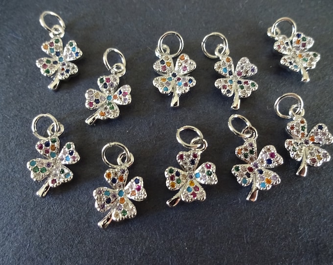 12x8mm Cubic Zirconia Micro Pave Brass Clover Charms, With Loops, Silver Four Leaf Clover, Mixed Color Rhinestones, Sparkly Pendants