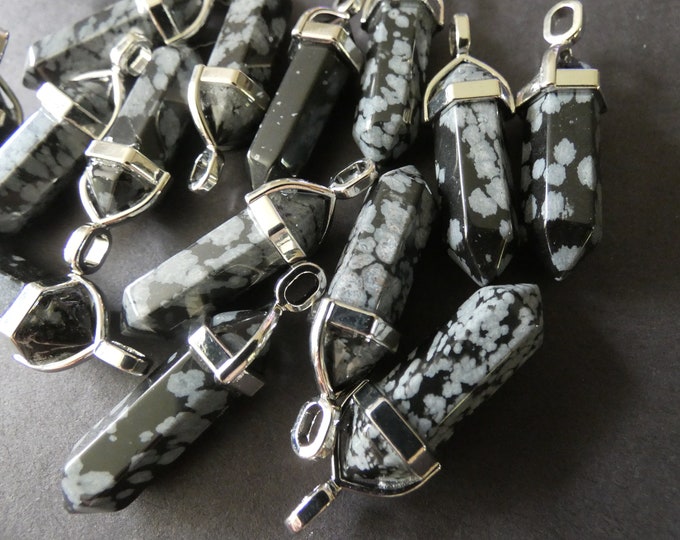 37-40mm Natural Snowflake Obsidian Pendant With Metal Loop, Faceted Bullet Pendant, Black & Silver, Obsidian Charm, Polished Gemstone