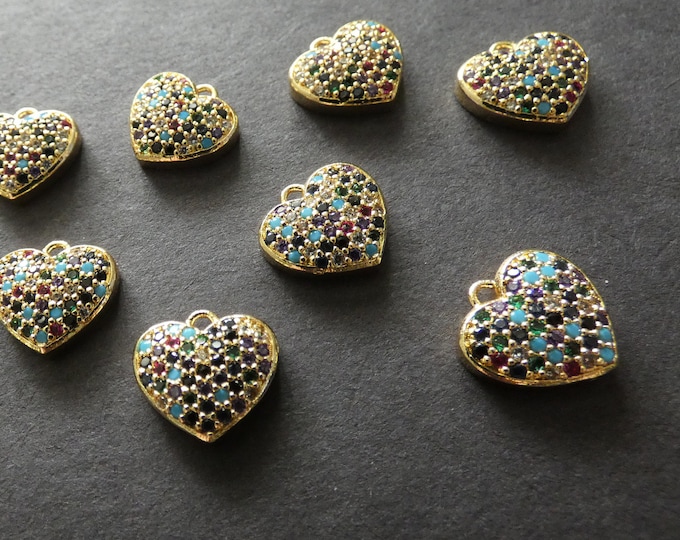 11.5x12mm Cubic Zirconia & Brass Heart Charms, Gold Color, Mixed Color Rhinesones, Lightweight, 1.2mm Hole, Golden Heart Dangle Pendant