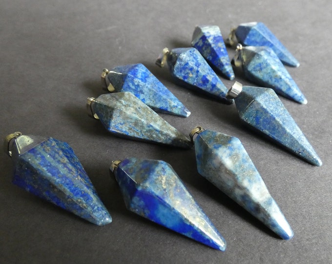 38.5mm Natural Lapis Lazuli Pendant With Brass Loop, Cone Pendulum, Large Blue and Silver Charm, Designer Stone Pointed Bullet Pendant