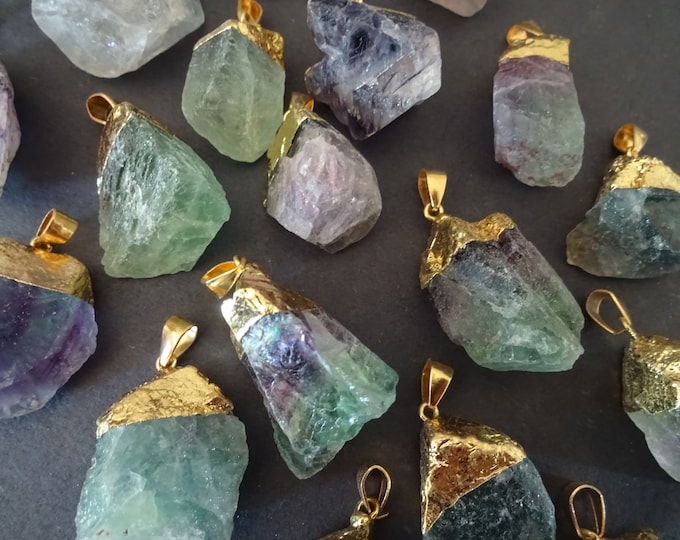 25-31mm Natural Fluorite Pendant With Gold Iron Loop, Purple and Green, Polished, Crystal Nugget Pendant, Crystal Pendant, Fluorite Charm