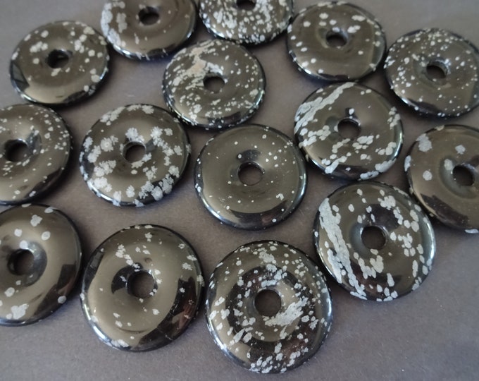 30mm Natural Snowflake Obsidian Pendant Donuts, Black & Gray, Polished, Natural Gemstone Component, Obsidian Stone, Wire Wrapping, 6mm Hole