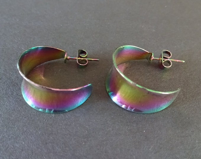 Stainless Steel Rainbow Half Hoop Earrings, Hypoallergenic, Ion Plated, Round Hoops, Set Of Rainbow Earrings, 21x11.5mm, C Shape Hoop