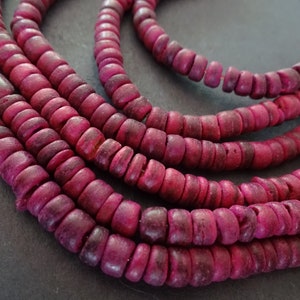 15 Inch Strand Of 4-8mm Natural Coconut Beads, Dyed, About 108 Beads Per Strand, Magenta Bead, Round Disc Spacer, LIMITED SUPPLY, Hot Deal!