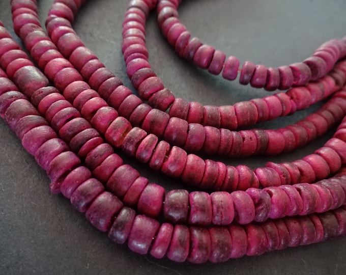 15 Inch Strand Of 4-8mm Natural Coconut Beads, Dyed, About 108 Beads Per Strand, Magenta Bead, Round Disc Spacer, LIMITED SUPPLY, Hot Deal!