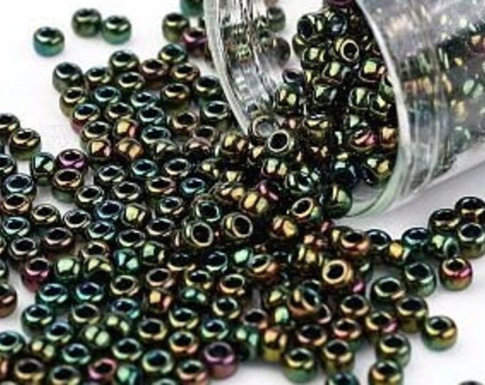 8/0 Toho Seed Beads, High Metallic Iris Olivine (508), 10 grams, About 222 Round Seed Beads, 3mm with 1mm Hole, Metallic Finish