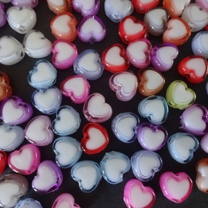 100 PACK OF 8x7mm Heart Acrylic Beads, Heart Bead, Mixed Color, Rainbow Bead, Colorful, White Center, Mixed Lot, Love Theme, Valentine's Day