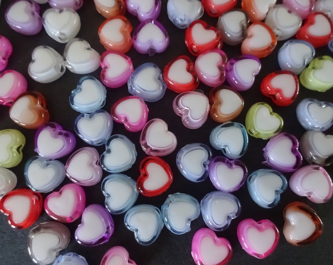 100 PACK OF 8x7mm Heart Acrylic Beads, Heart Bead, Mixed Color, Rainbow Bead, Colorful, White Center, Mixed Lot, Love Theme, Valentine's Day