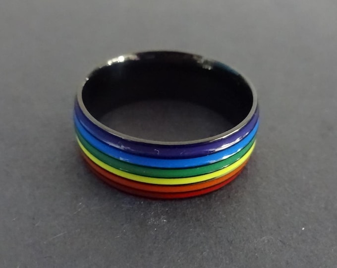Black Stainless Steel Rainbow Ring, Pride Ring, Sizes 7-12, Handcrafted Steel Ring, 8mm Band, Striped Rainbow Band, LGBTQ Wedding Band