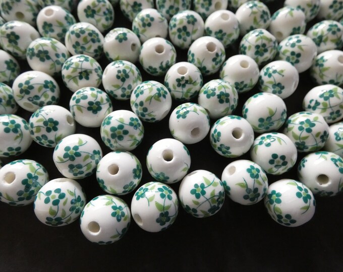 12mm Floral Porcelain Ball Beads, 50 Beads, Green and White, Pretty Flower Print, Porcelain Bead, Vintage Style Bead