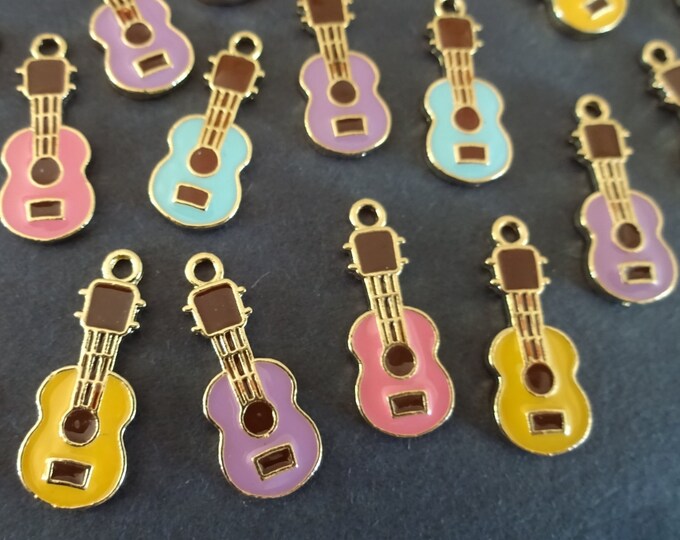 MIXED PACK 23x9mm Zinc Alloy & Enamel Guitar Charms, Light Gold Metal Charm, Mixed Colors, Metal Guitar Pendant, Necklace Charm, Music Theme