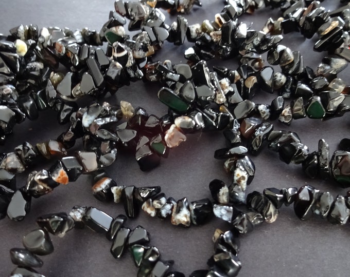 34 Inch 4-12mm Natural Black Agate Beads, About 200 Gemstone Beads, Agate Chips, Solid Black, Polished Agate Crystal, Drilled 1mm Hole