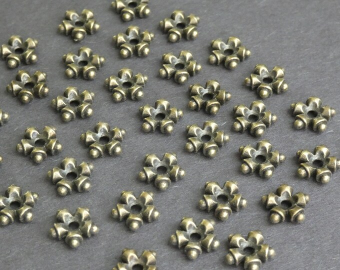 100 PACK 9mm Large Flower Metal Spacer Bead, Bronze Color, Antiqued Style, Studded Design, Large Daisy Spacer Lot, Snowflake Spacer Bead