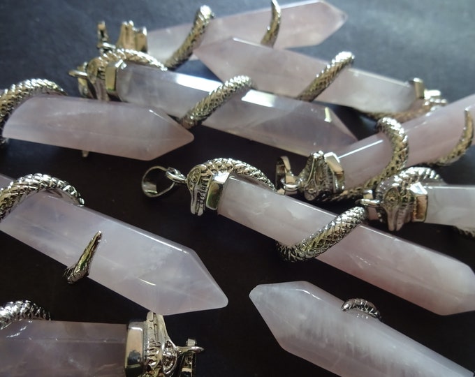 60mm Natural Rose Quartz Snake Pendant, Brass Finding, Faceted Bullet, Polished, Gemstone Jewelry Pendant, Crystal Charm, Quartz Snake Charm