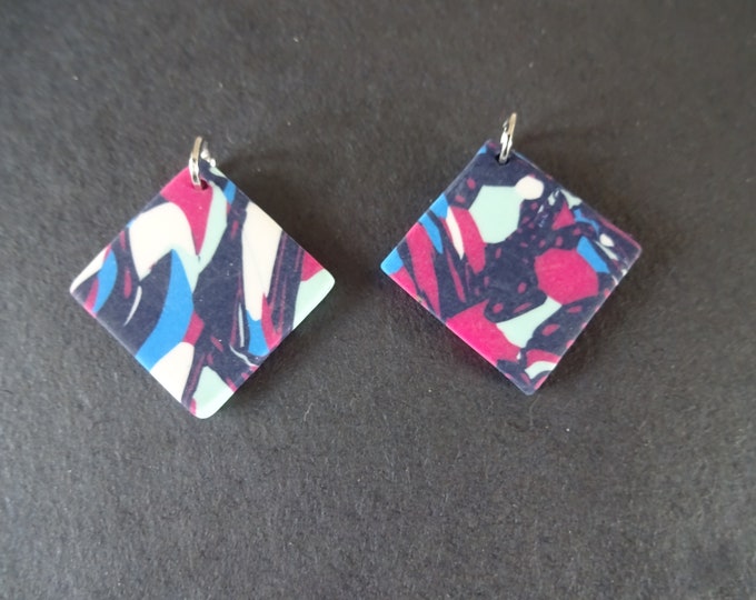 2 PACK OF 20mm Clay Rhombus Pendants With Jump Rings, Multicolor Abstract Charms, Large Clay Focal Pendant, Diamond Shape, Jewelry Charm
