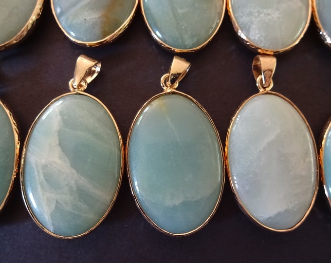 35-36mm Natural Amazonite Pendant With Gold Plated Brass Metal, Snap On Bail, Oval Pendant, Polished Gemstone Jewelry, Amazon Stone