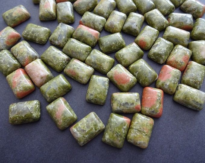 14x10mm Natural Unakite Cabochon, Rectangle Gemstone Cabochon, Sage Green and Pink Stone, Polished Gem, Floral Theme, Swirled Pattern