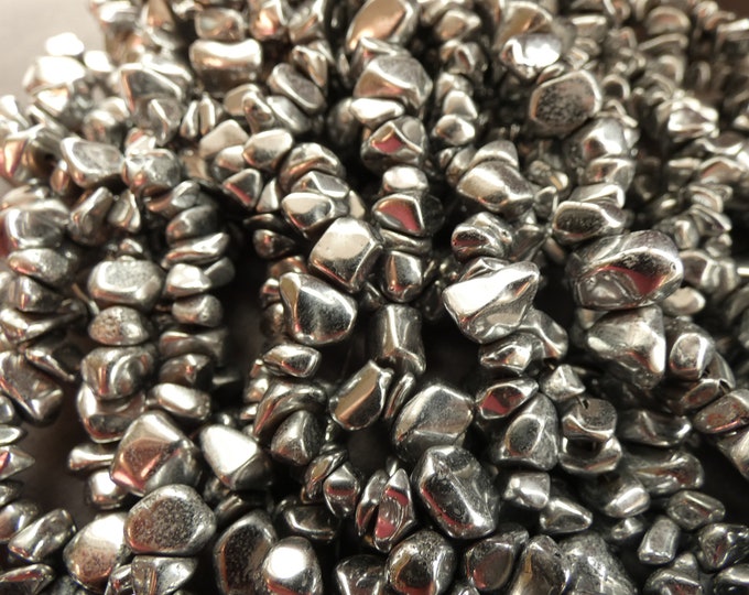 14 Inch 5-11mm Synthetic Hematite Nugget Bead Strand, Hemalyke, About 120 Beads, Silver Color, Non Magnetic, Shiny Metallic Spacer Bead