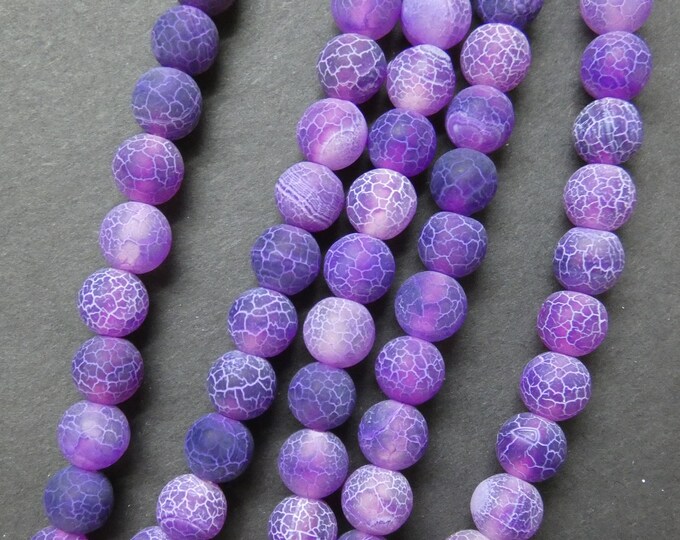 8mm Natural Frosted Agate Bead Strands, Dyed, About 46 Beads Per 14-15 Inch Strand, Round Purple Weathered Bead, Crackled Agate Crystals