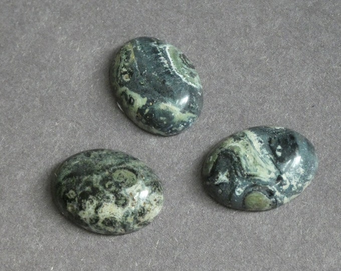 3 Pack 20x15mm Oregon Pea Stone Cabochons, Gray and Green With Swirls, Swirled Oval Cabochon, Gemstone Cabochon Set, Unique 3pk Cabochons