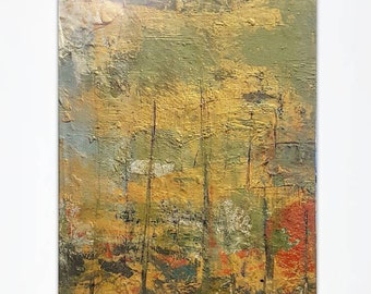 Pintura expressionista abstrata representando barcos e mastros de barcos ao pôr do sol 'Barcos (verde)'