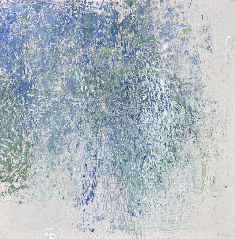 Pode incluir: Pintura abstrata com superf&iacute;cie texturizada. A obra apresenta uma mistura de tons azuis, verdes e brancos, criando um efeito em camadas. As pinceladas s&atilde;o vis&iacute;veis, adicionando profundidade e interesse visual &agrave; pe&ccedil;a. A composi&ccedil;&atilde;o &eacute; uma mistura de formas org&acirc;nicas e geom&eacute;tricas.