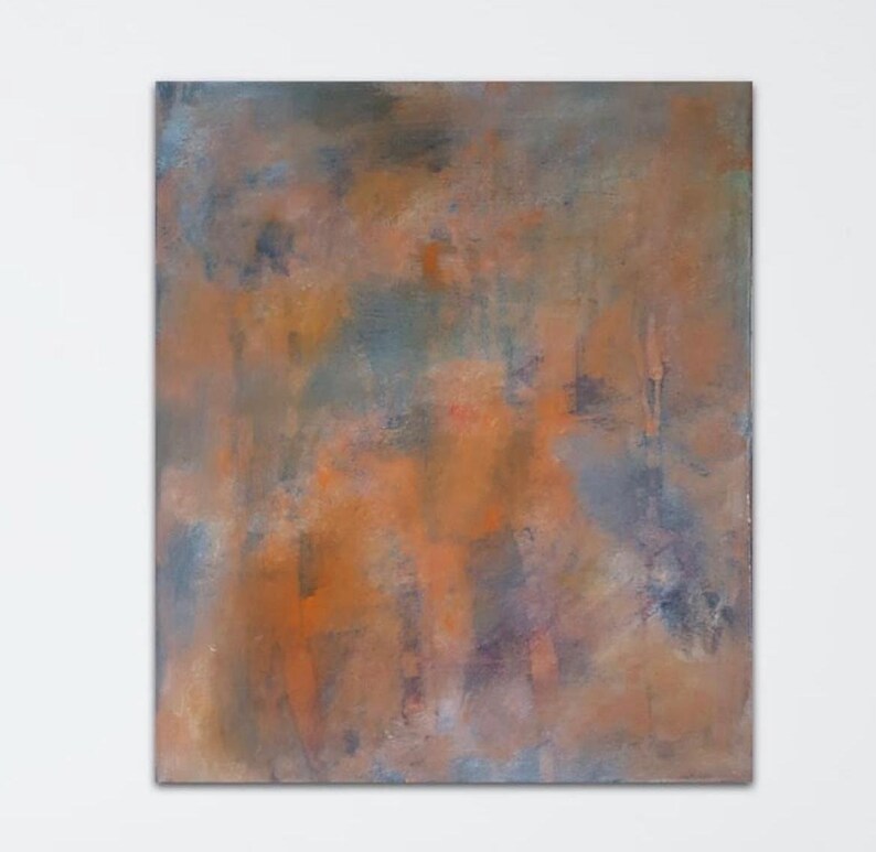 May include: Abstract painting with a blend of orange, brown, gray, and purple hues. The colors are layered and blended to create a sense of depth and movement.