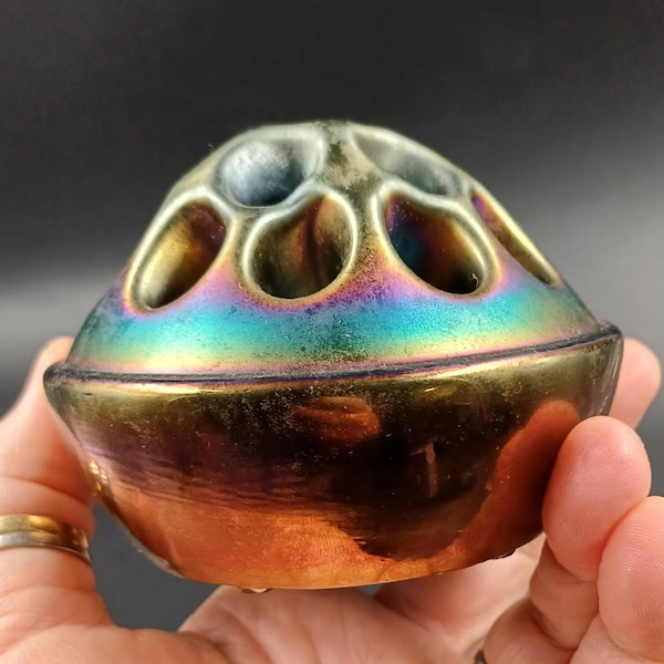 WINTAGE, opalizujący, czarny ametyst, szklana żaba do wazonu - szerokość 9 cm, stan bardzo dobry, ikebana