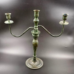 VINTAGE 3 candle Candelabra VERDIGRIS 3 candle holder Arts and Crafts Influence Vintage Metal Verdigris Late 19th Century Wrought Iron