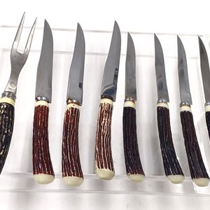 Può includere: Un set di coltelli da bistecca e una forchetta. Le lame sono in acciaio inossidabile e i manici marroni strutturati con basi color crema. Il set comprende sette coltelli e una forchetta, presentati su un supporto trasparente.