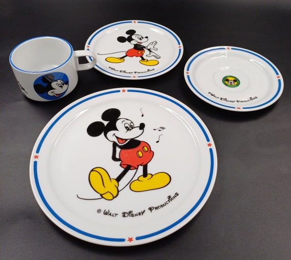 Vintage Mickey Mouse Teller Schüssel Walt Disney Produktionen 4er-Set 3 Teller & Tasse c / 1970's Japan