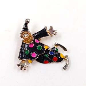 Vintage 1980&#39;s Articulated Swivel Hip Clown black Enamel with  Polka Dots Brooch Pin