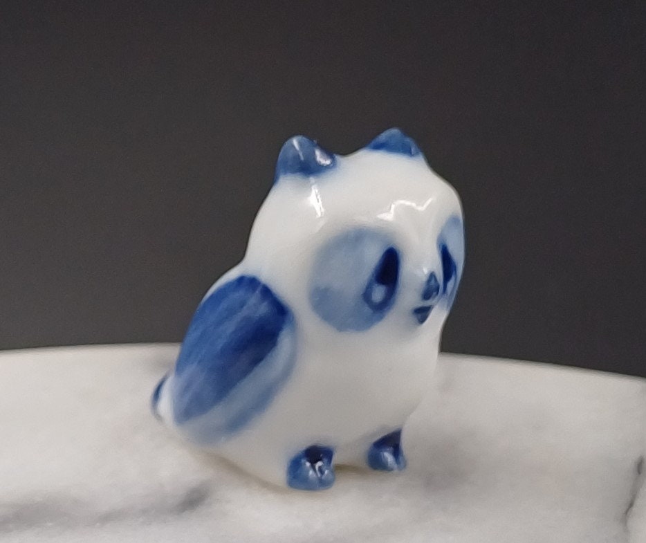 Vintage Miniature OWL Blue And White Ceramic Miniature Owl Decorative Figurine Collectible Big Blue