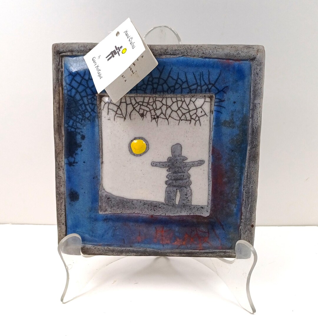 Greg Mckague RAKU Inukshuk Hanging Wall Tile Hand Crafted Studio Art ...