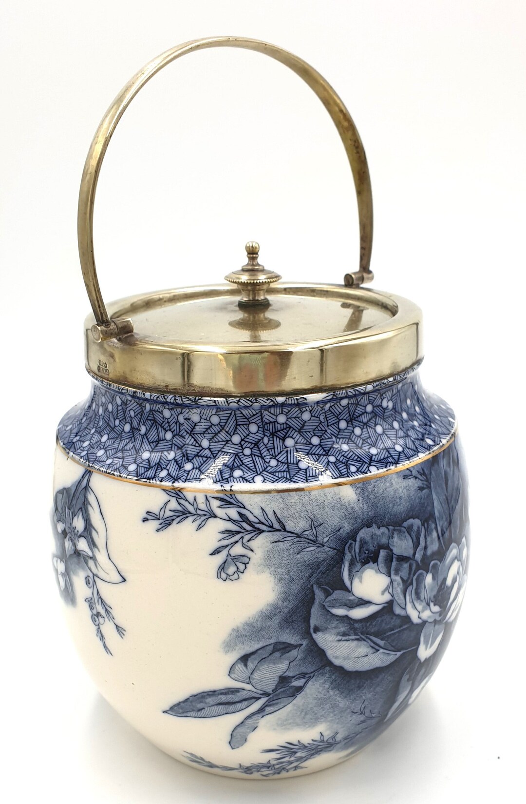 Antique Carlton Ware Biscuit Barrel Jar Blue Floral Pattern, in