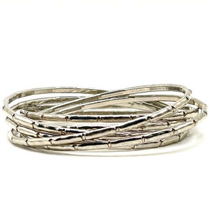 Silver Tone Bamboo Bangle Bracelet Set, 6 Intertwined Stacking Bangles, Boho Statement Jewelry