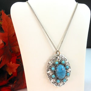 Southwest Style Ornate Pendant Necklace - Faux Turquoise Stones, Lucite - Silver Tone - Circa 1960&#39;s